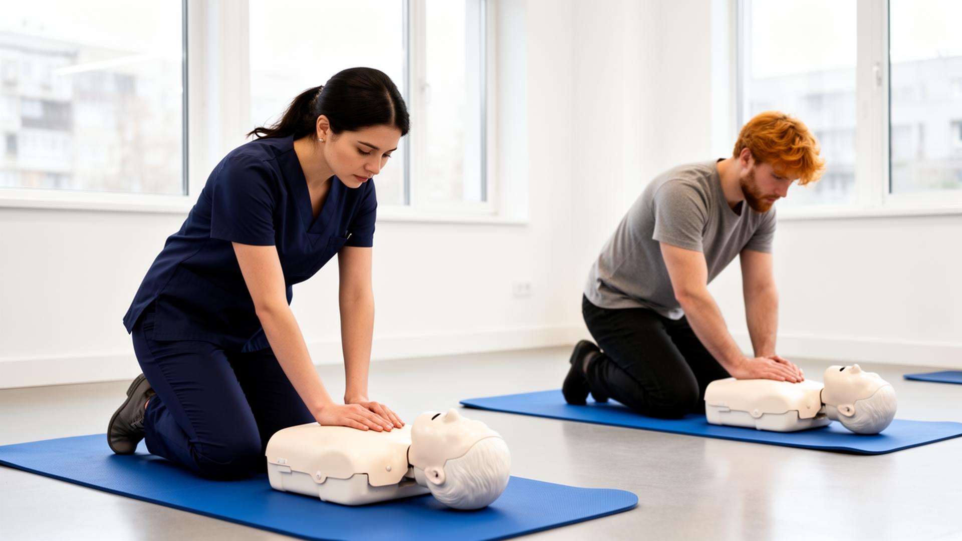 CPR instructor guiding students practicing chest compressions on manikins
